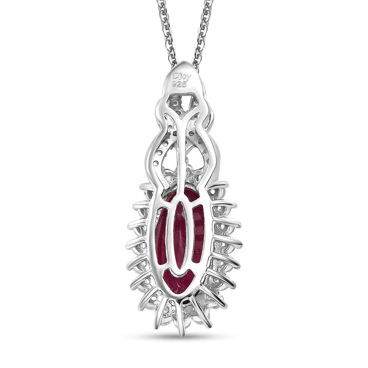 Doorbuster AAA Niassa Ruby (FF) and White Zircon 5.90 ctw Scarlet Flame Pendant Necklace in Rhodium Over Sterling Silver 20 Inches image number 4