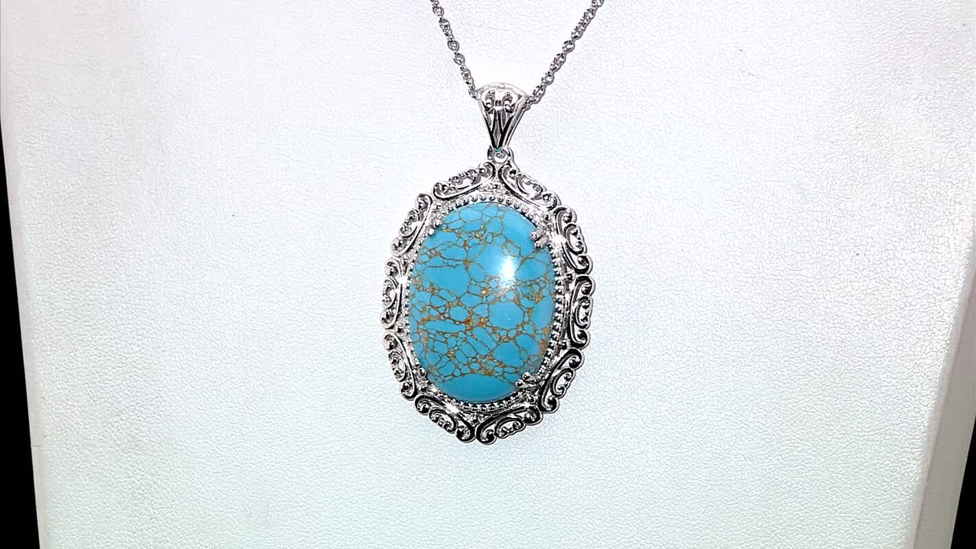 Karis Mojave Blue Turquoise 28.80 ctw Pendant in Platinum Bond with Stainless Steel Necklace 20 Inches