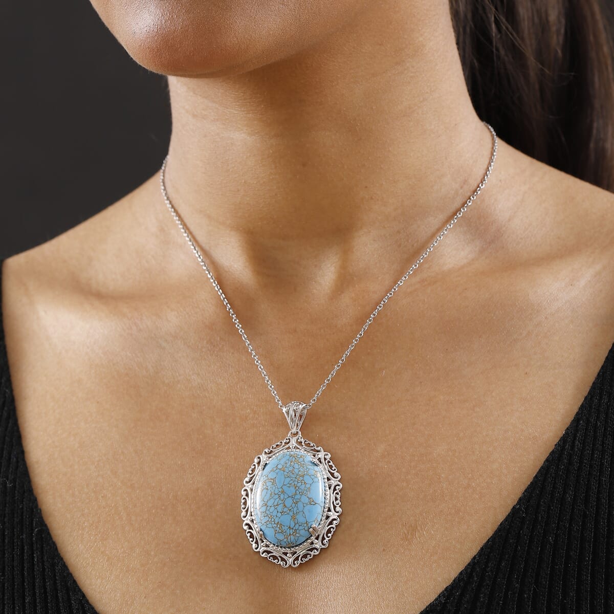 Karis Mojave Blue Turquoise 28.80 ctw Pendant in 18K YG Plated and Platinum Bond with Stainless Steel Necklace 20 Inches image number 2