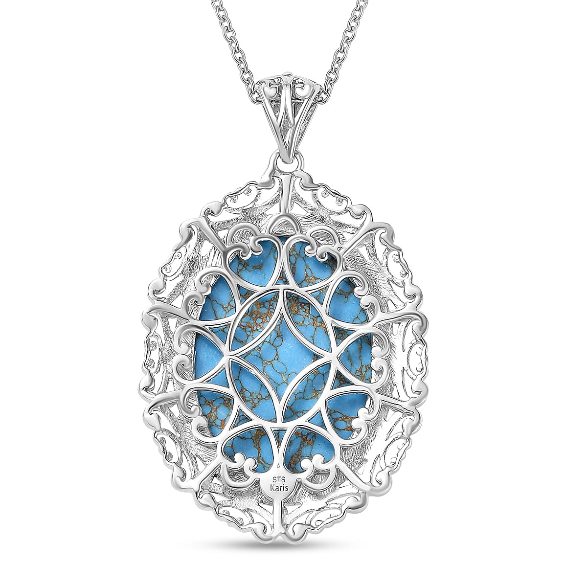 Karis Mojave Blue Turquoise 28.80 ctw Pendant in Platinum Bond with Stainless Steel Necklace 20 Inches