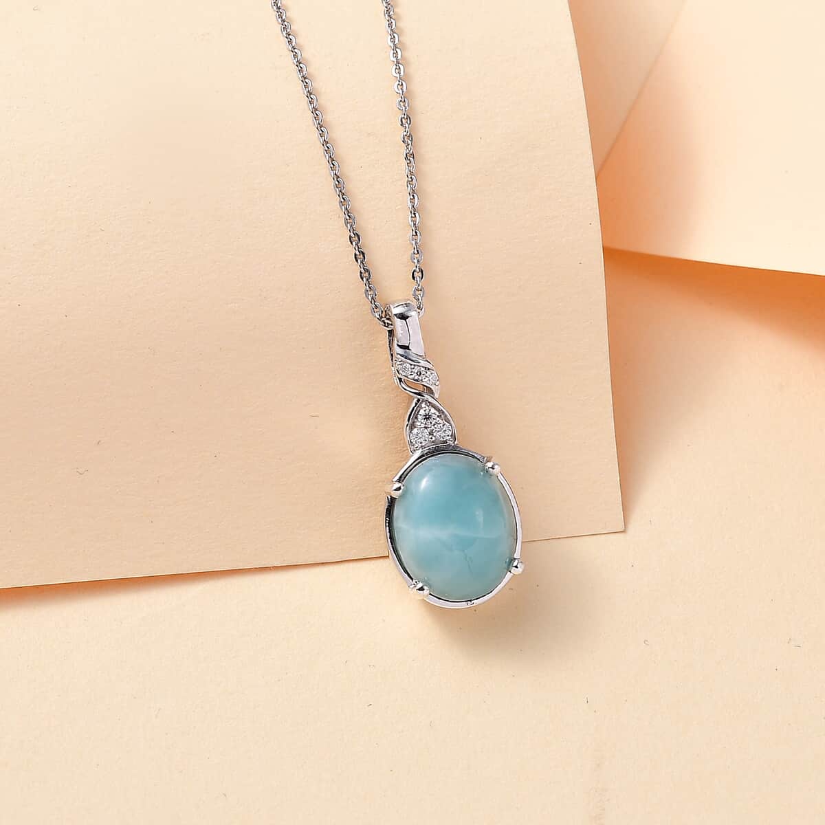 Natural Green Larimar and Moissanite 5.50 ctw Ocean Wave Pendant Necklace in Rhodium Over Sterling Silver 20 Inches image number 1