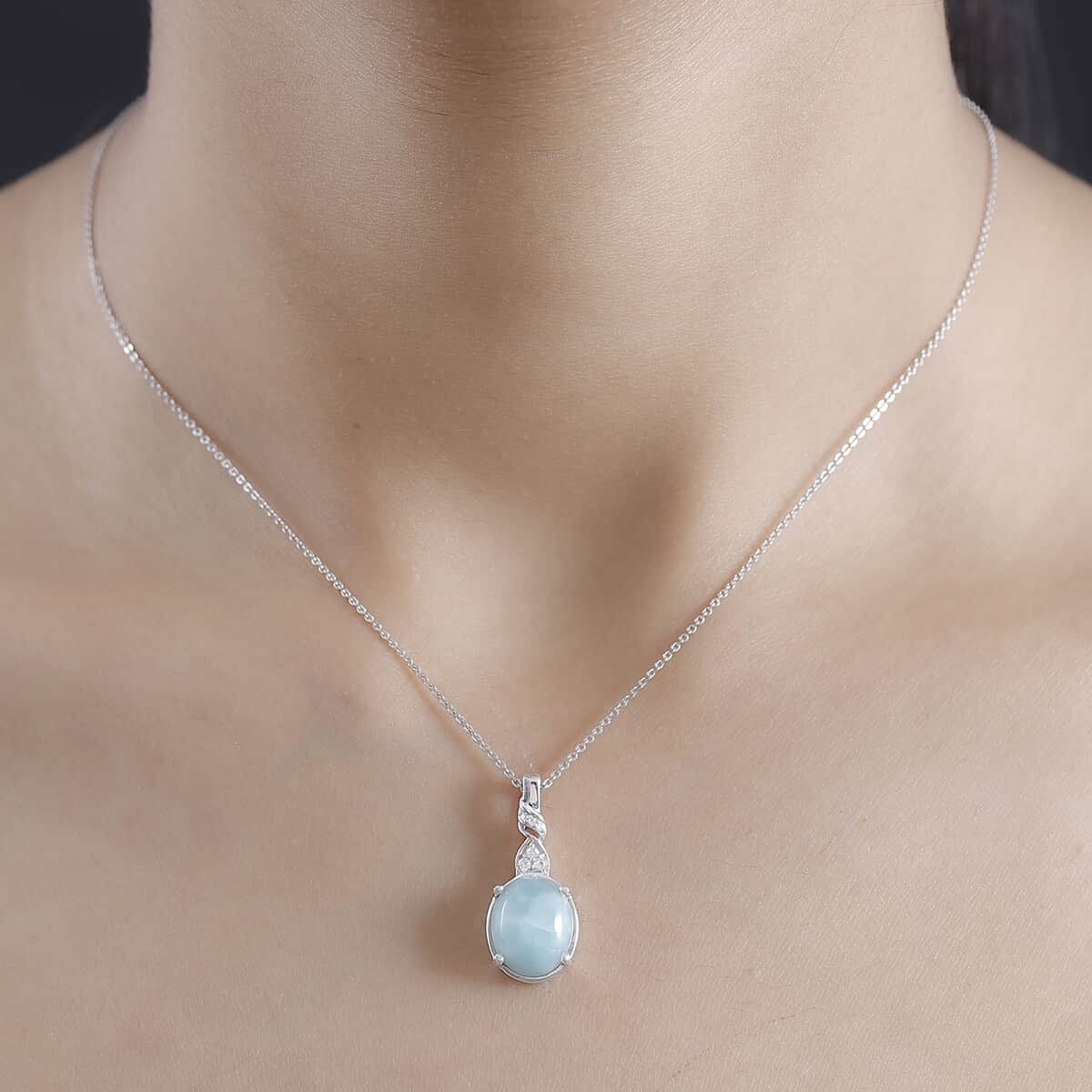 Natural Green Larimar and Moissanite 5.50 ctw Ocean Wave Pendant Necklace in Rhodium Over Sterling Silver 20 Inches image number 2