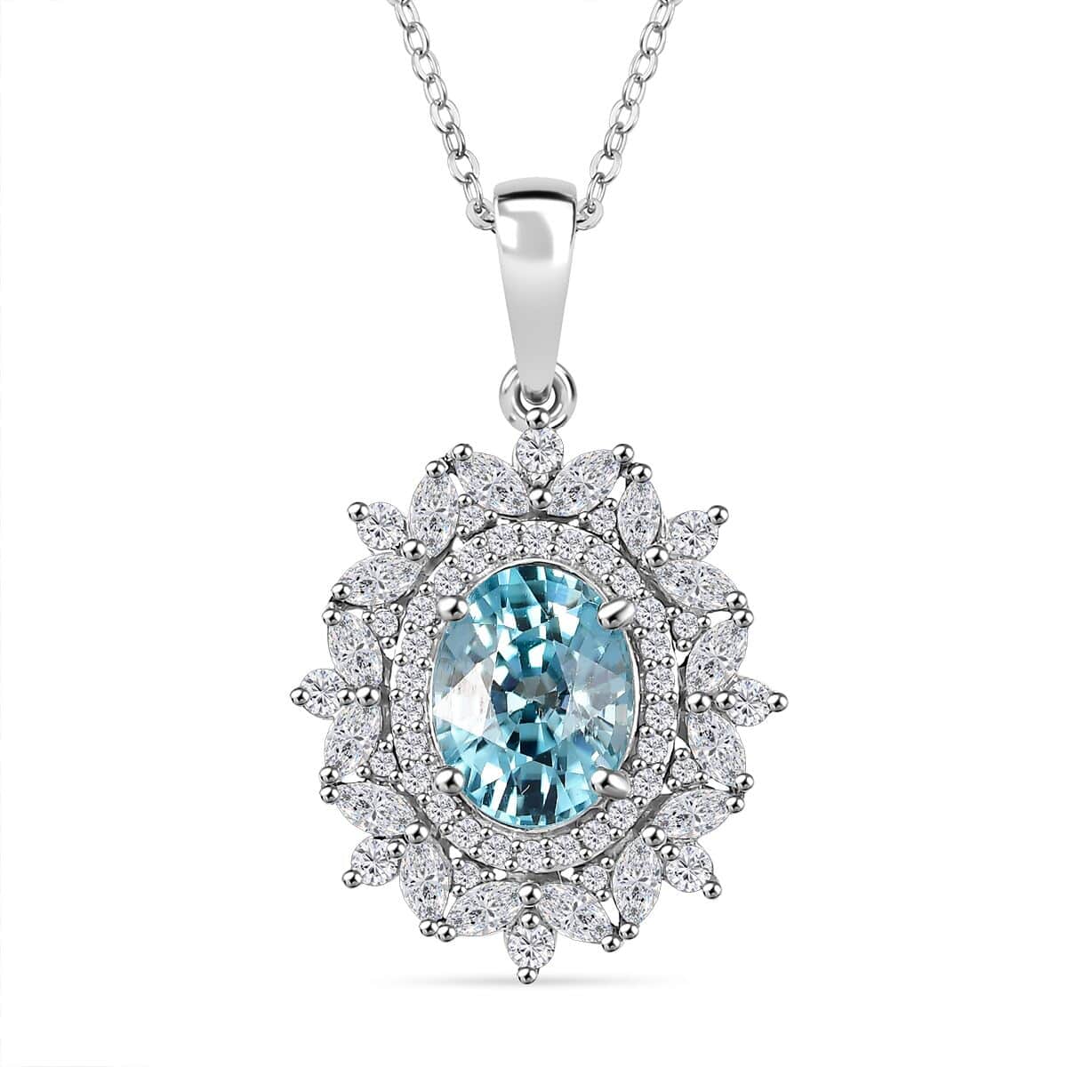 Premium Cambodian Blue Zircon and White Zircon 4.20 ctw Blooming Halo Pendant Necklace in Rhodium Over Sterling Silver 20 Inches image number 0