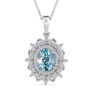 Premium Cambodian Blue Zircon and White Zircon 4.20 ctw Blooming Halo Pendant Necklace in Rhodium Over Sterling Silver 20 Inches