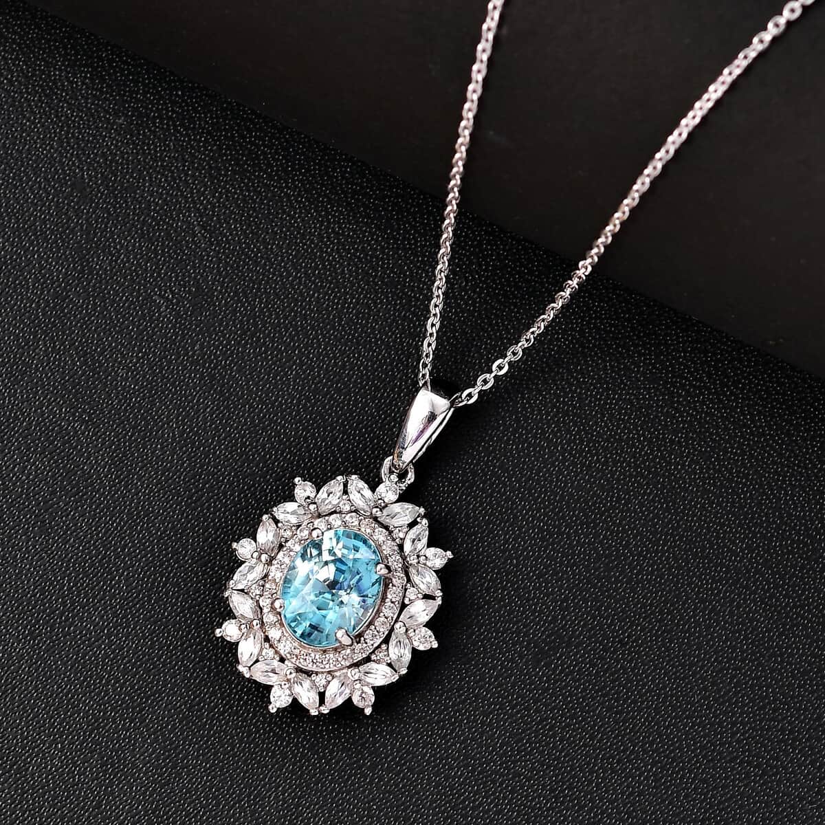 Premium Cambodian Blue Zircon and White Zircon 4.20 ctw Blooming Halo Pendant Necklace in Rhodium Over Sterling Silver 20 Inches image number 1