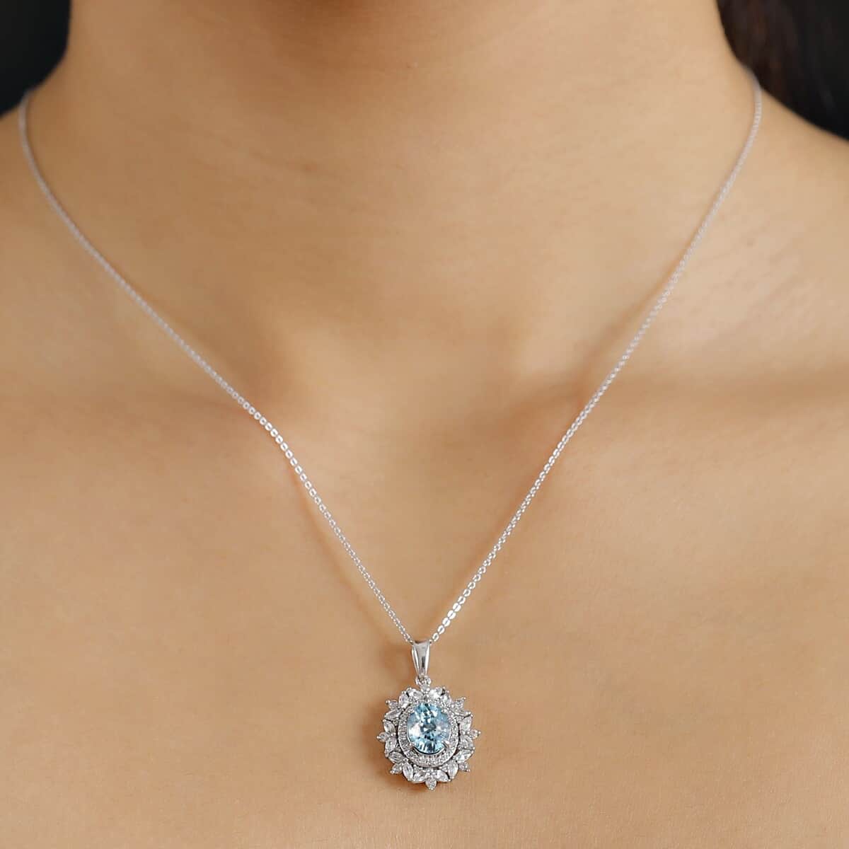 Premium Cambodian Blue Zircon and White Zircon 4.20 ctw Blooming Halo Pendant Necklace in Rhodium Over Sterling Silver 20 Inches image number 2