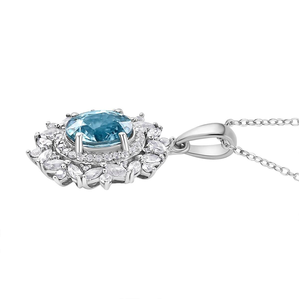 Premium Cambodian Blue Zircon and White Zircon 4.20 ctw Blooming Halo Pendant Necklace in Rhodium Over Sterling Silver 20 Inches image number 3