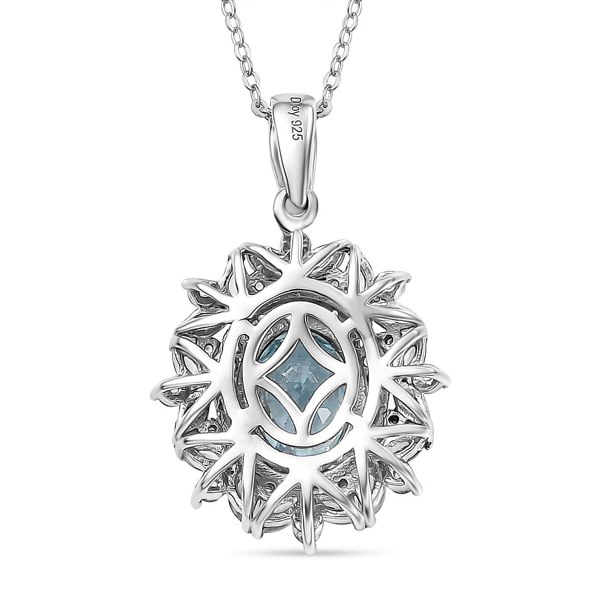 Premium Cambodian Blue Zircon and White Zircon 4.20 ctw Blooming Halo Pendant Necklace in Rhodium Over Sterling Silver 20 Inches
