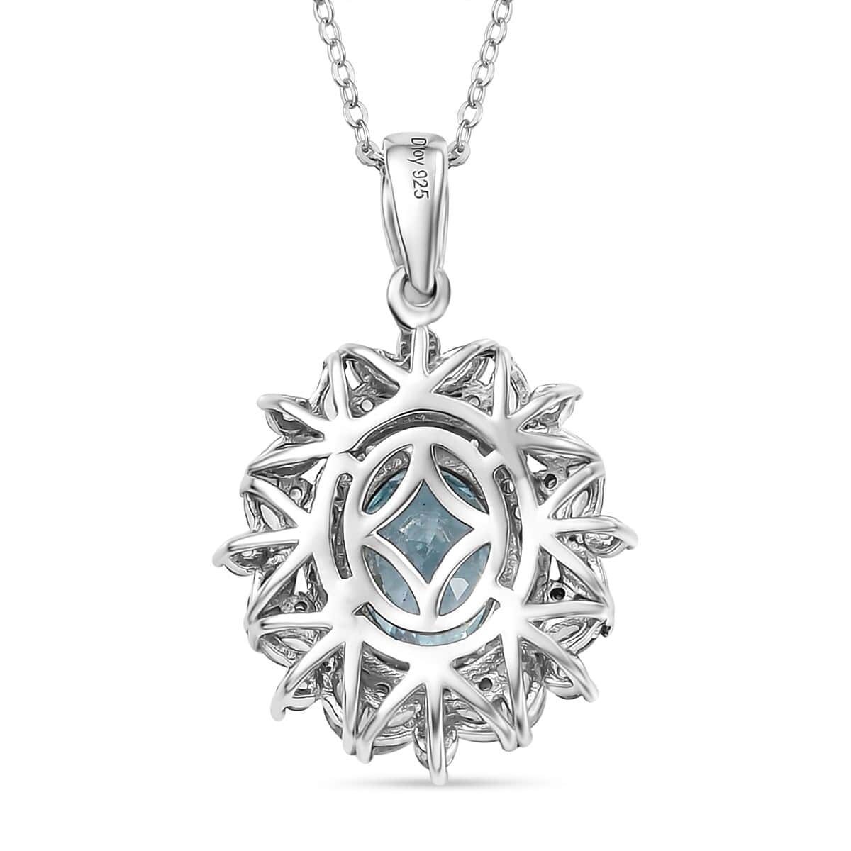 Premium Cambodian Blue Zircon and White Zircon 4.20 ctw Blooming Halo Pendant Necklace in Rhodium Over Sterling Silver 20 Inches image number 4