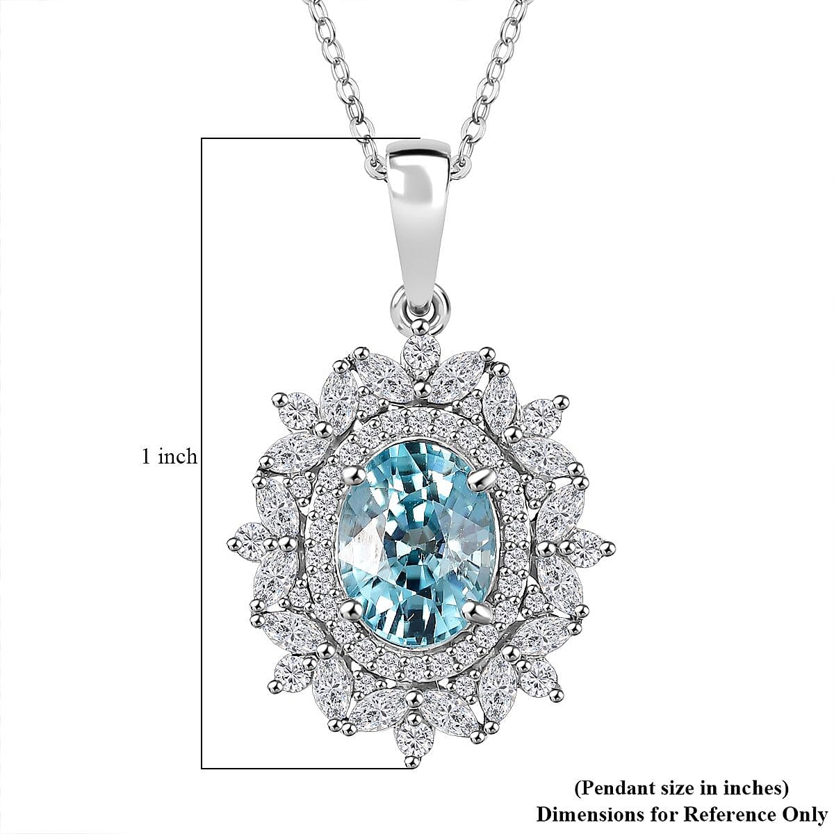 Premium Cambodian Blue Zircon and White Zircon 4.20 ctw Blooming Halo Pendant Necklace in Rhodium Over Sterling Silver 20 Inches