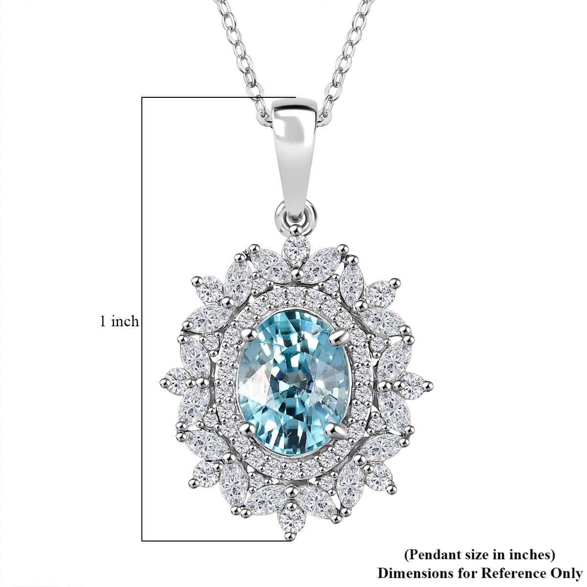 Premium Cambodian Blue Zircon and White Zircon 4.20 ctw Blooming Halo Pendant Necklace in Rhodium Over Sterling Silver 20 Inches image number 6