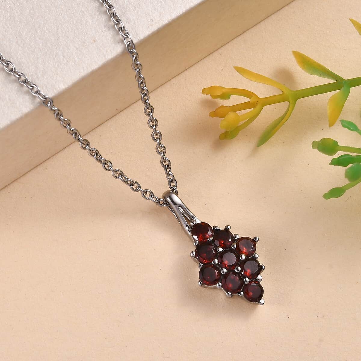 Mozambique Garnet 1.35 ctw Pendant Necklace 20 Inches in Stainless Steel image number 1