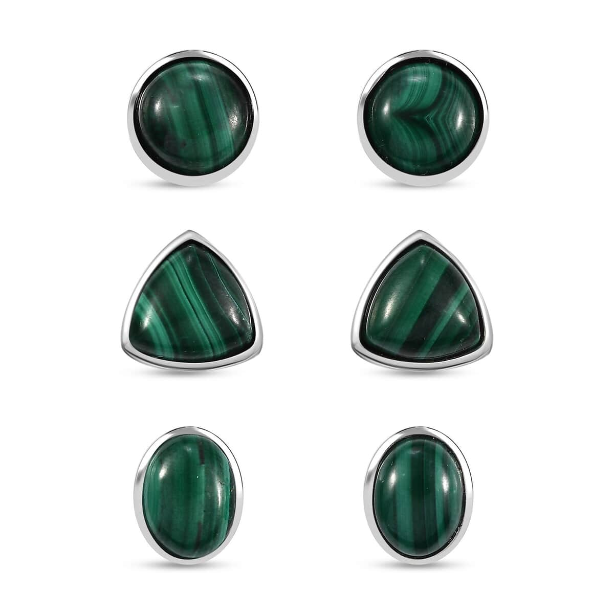 Karis African Malachite 15.75 ctw Set of 3 Solitaire Stud Earrings in Platinum Bond image number 0