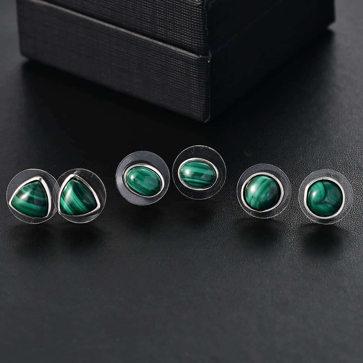 Karis African Malachite 15.75 ctw Set of 3 Solitaire Stud Earrings in Platinum Bond image number 1