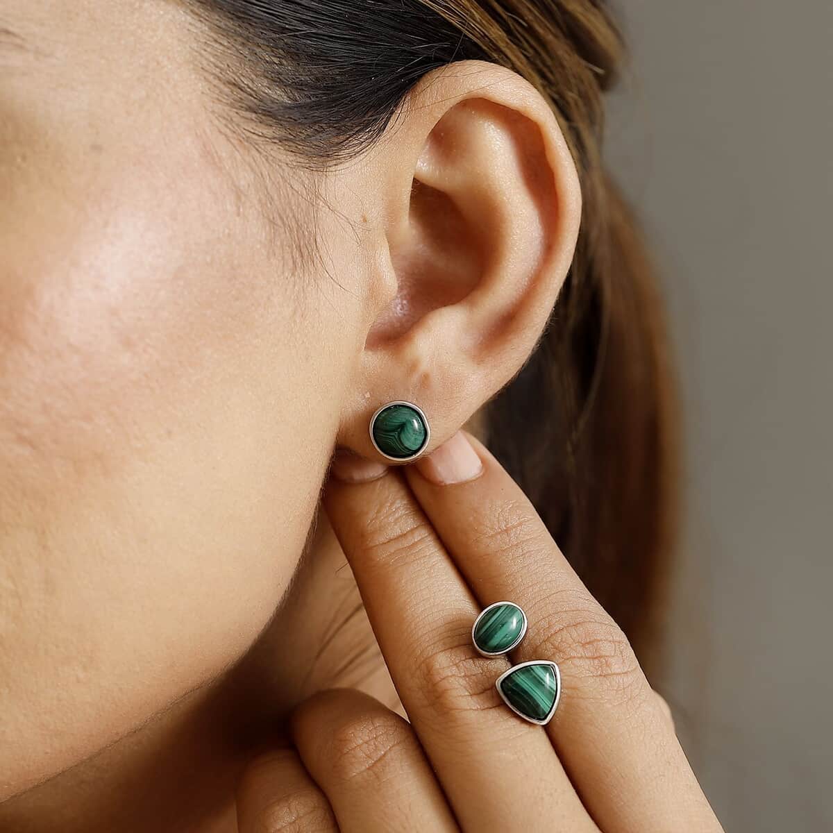 Karis African Malachite 15.75 ctw Set of 3 Solitaire Stud Earrings in Platinum Bond image number 2