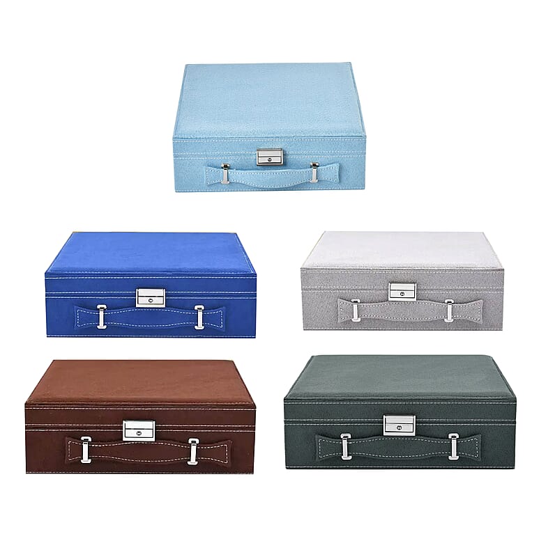 Set of 5 Multi Color Faux Velvet Briefcase Style 2-Tier Jewelry Box with Anti-Tarnish and Scratch Protection Interior (Approx 60 Rings in Each Box) (10x3x10)