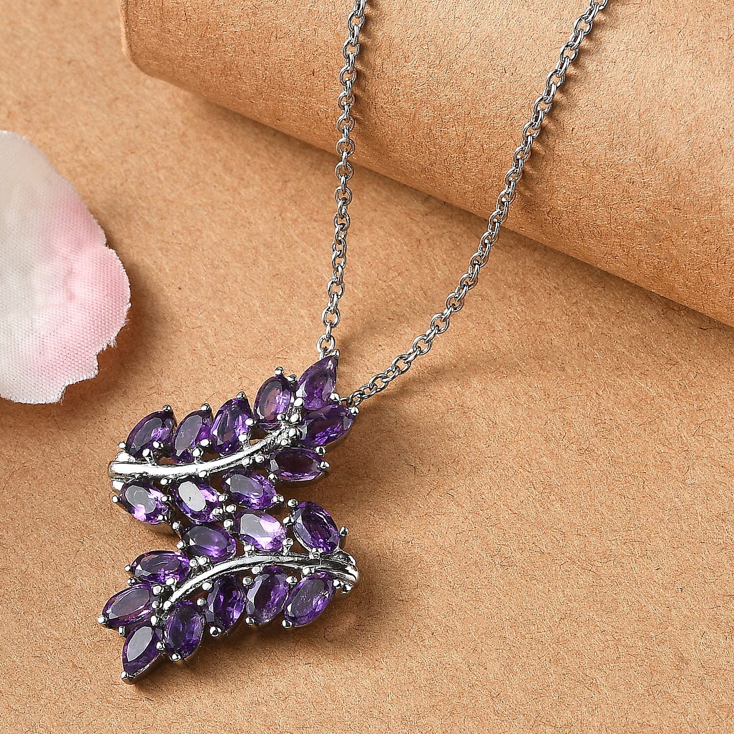 EverTrue African Amethyst 4.25 ctw Bypass Leaf Pendant Necklace 20 Inches in Stainless Steel