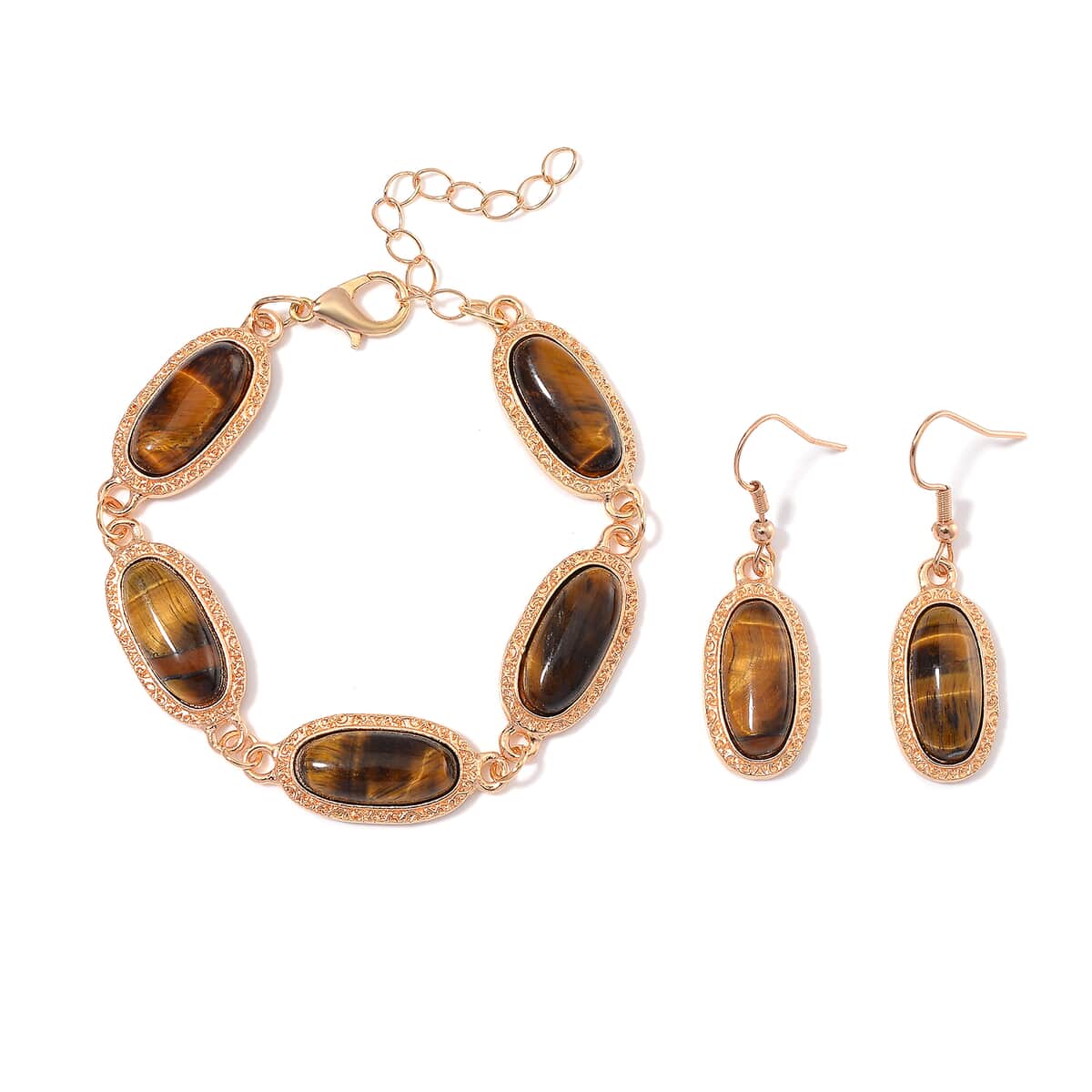 Tigers Eye 100.00 ctw Set of Bracelet (6.5-8.5In) and Earrings in Rosetone image number 0