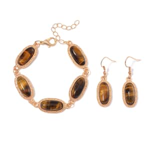 Tigers Eye 100.00 ctw Set of Bracelet (6.5-8.5In) and Earrings in Rosetone