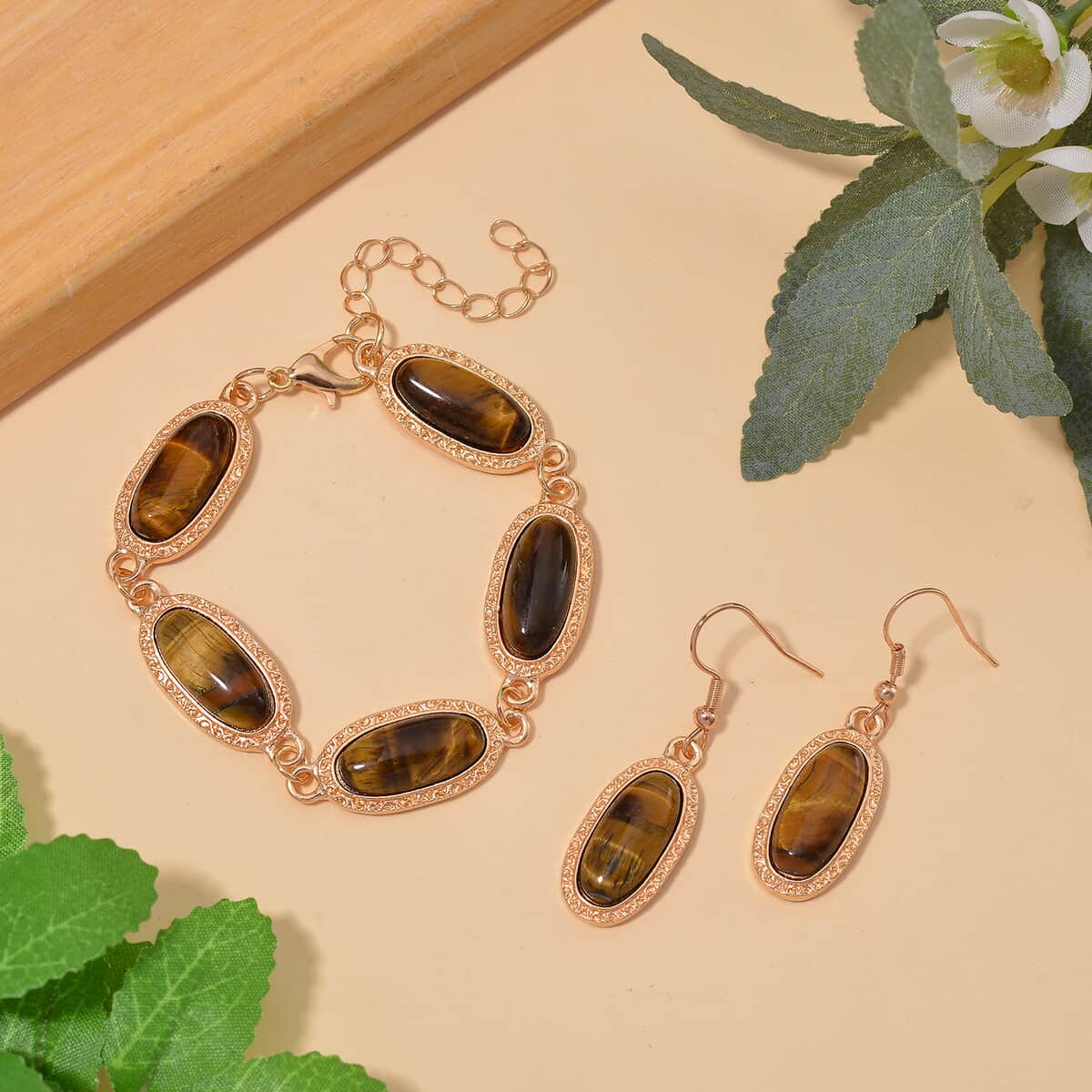 Tigers Eye 100.00 ctw Set of Bracelet (6.5-8.5In) and Earrings in Rosetone image number 1