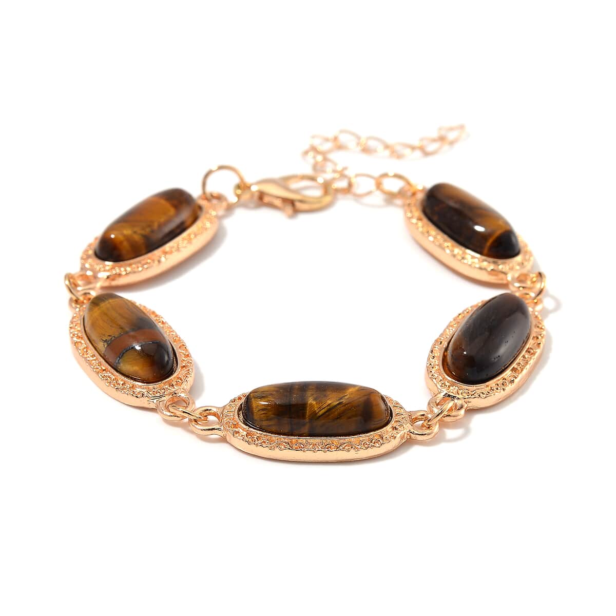 Tigers Eye 100.00 ctw Set of Bracelet (6.5-8.5In) and Earrings in Rosetone image number 2