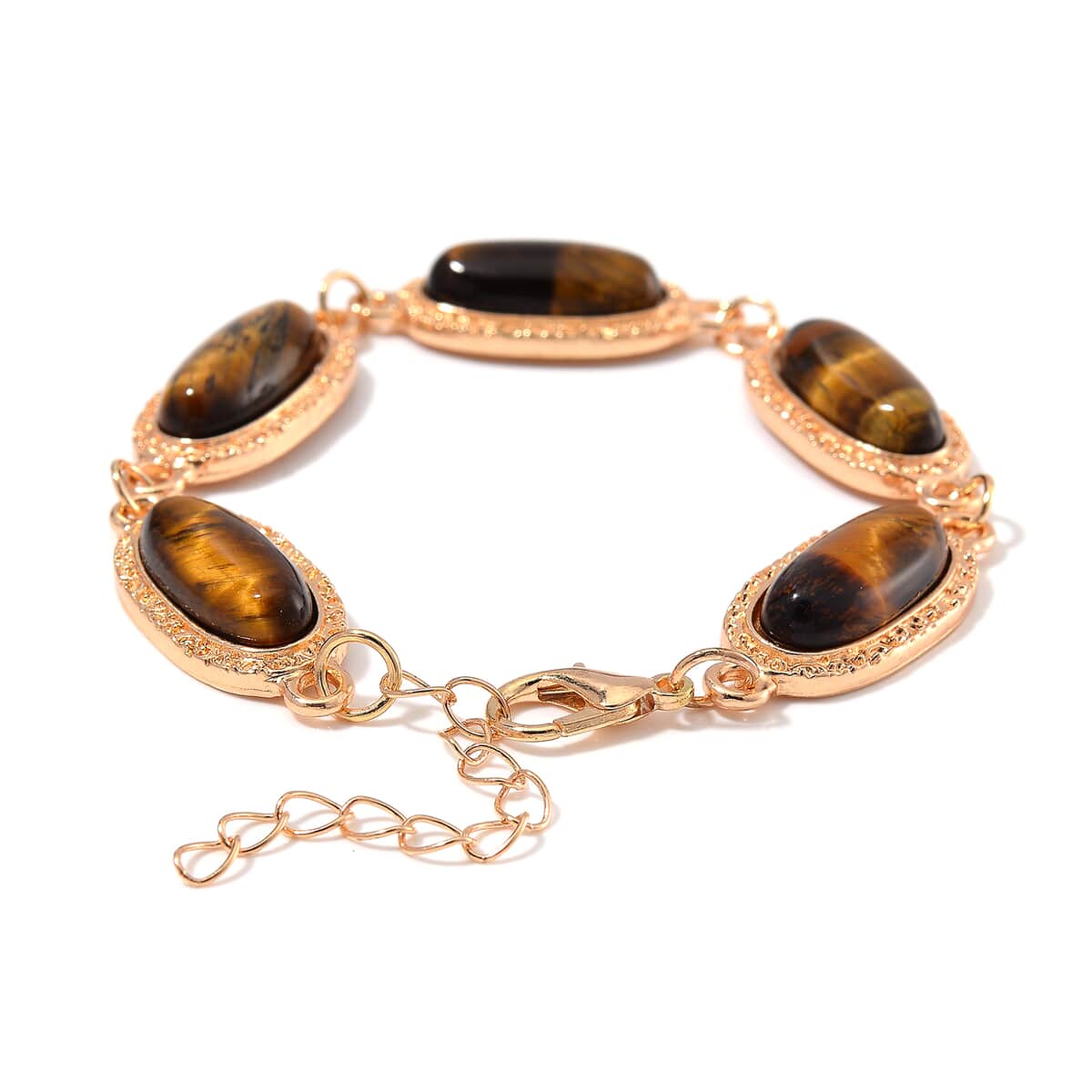 Tigers Eye 100.00 ctw Set of Bracelet (6.5-8.5In) and Earrings in Rosetone image number 3