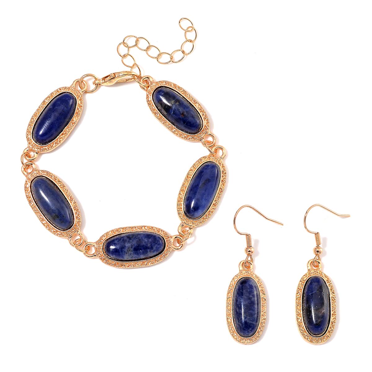 Sodalite 100.00 ctw Set of Bracelet (6.5-8.5In) and Earrings in Rosetone image number 0