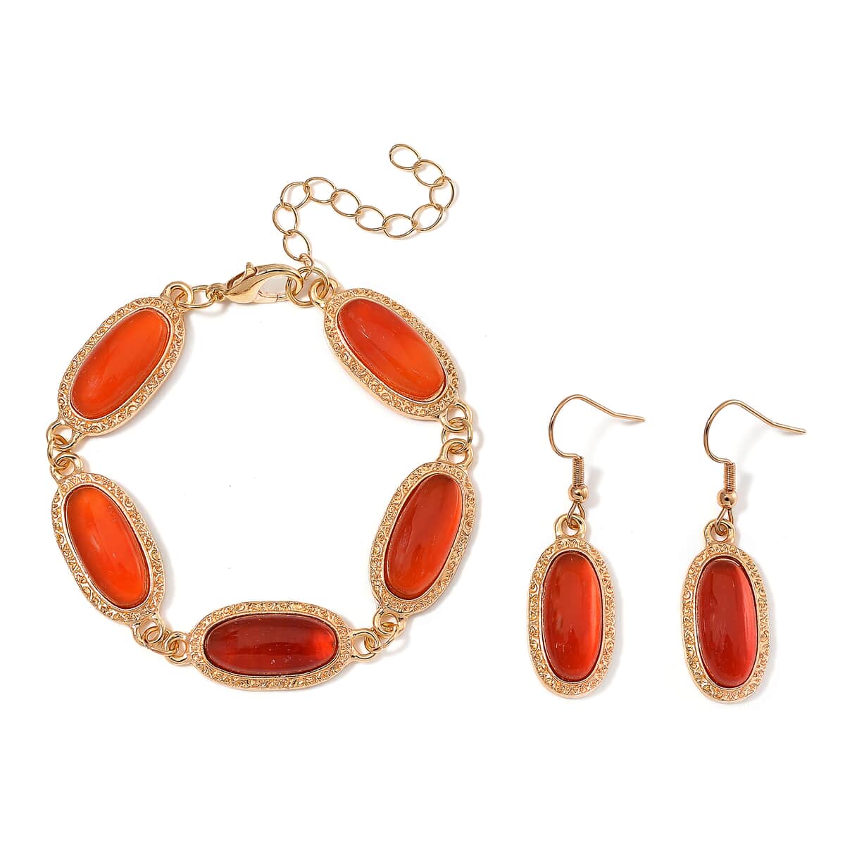 Red Agate 100.00 ctw Set of Bracelet (6.5-8.5In) and Earrings in Rosetone image number 0