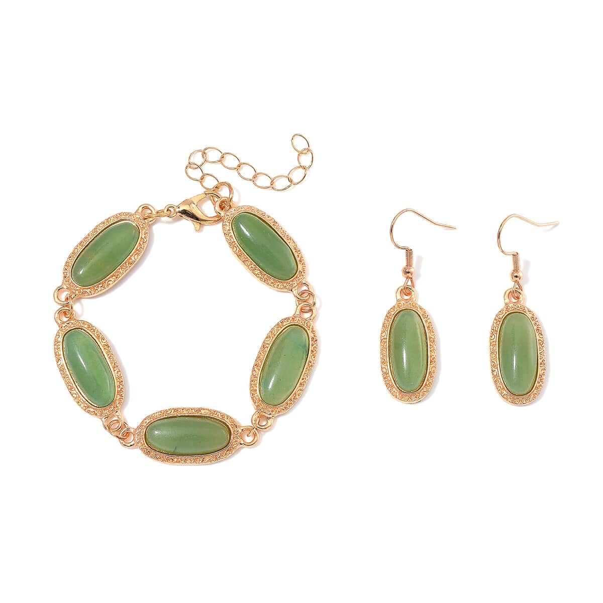 Green Aventurine 100.00 ctw Set of Bracelet (6.5-8.5In) and Earrings in Rosetone image number 0