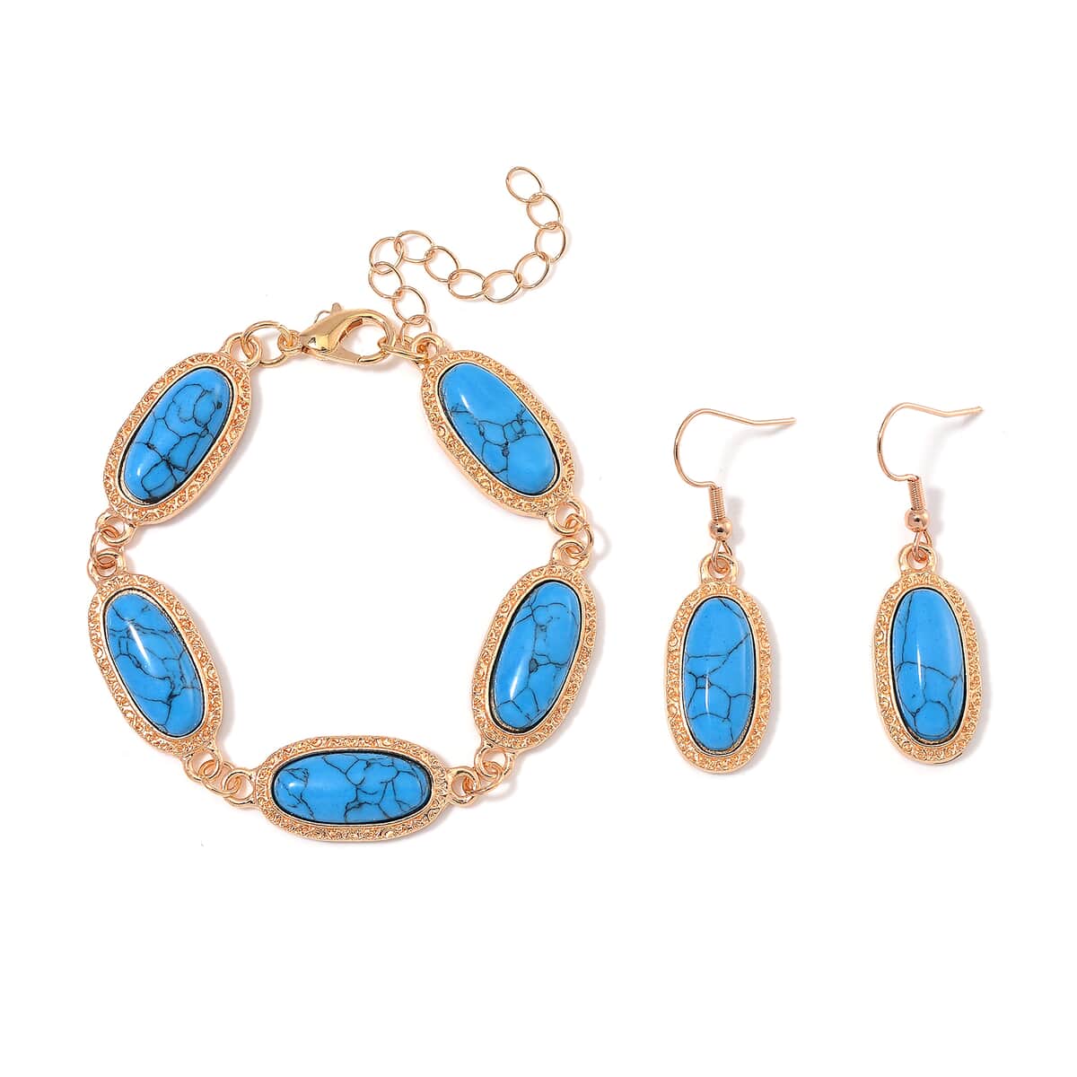 Blue Howlite 100.00 ctw Set of Bracelet (6.5-8.5In) and Earrings in Rosetone image number 0