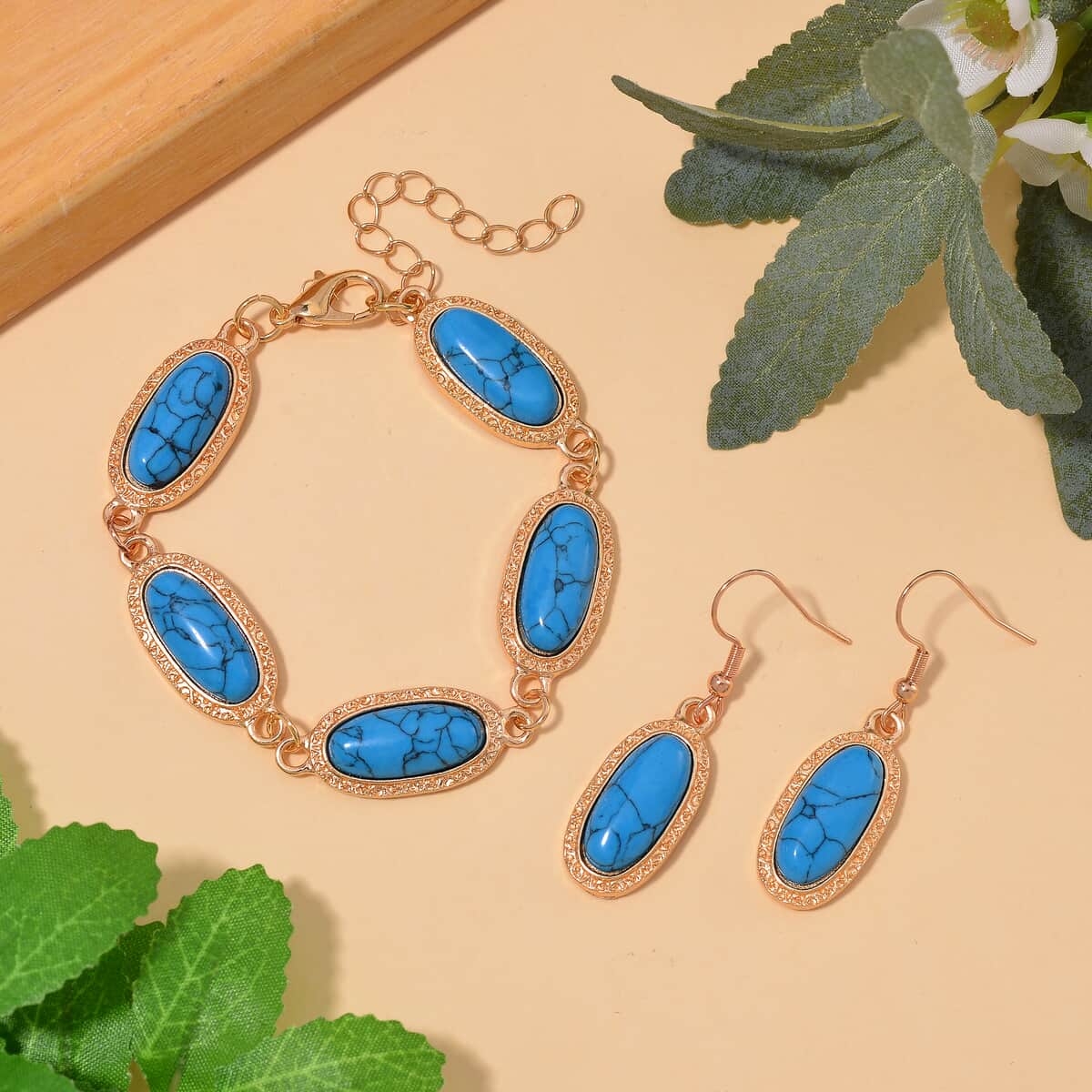 Blue Howlite 100.00 ctw Set of Bracelet (6.5-8.5In) and Earrings in Rosetone image number 1