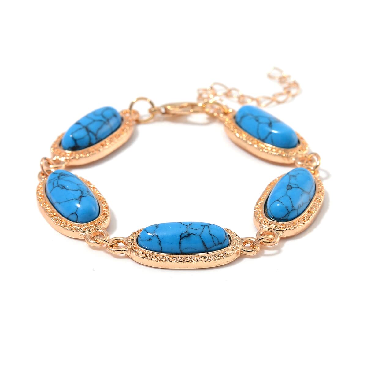 Blue Howlite 100.00 ctw Set of Bracelet (6.5-8.5In) and Earrings in Rosetone image number 2