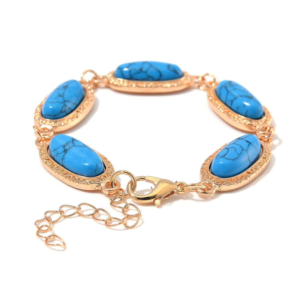 Blue Howlite 100.00 ctw Set of Bracelet (6.5-8.5In) and Earrings in Rosetone image number 3