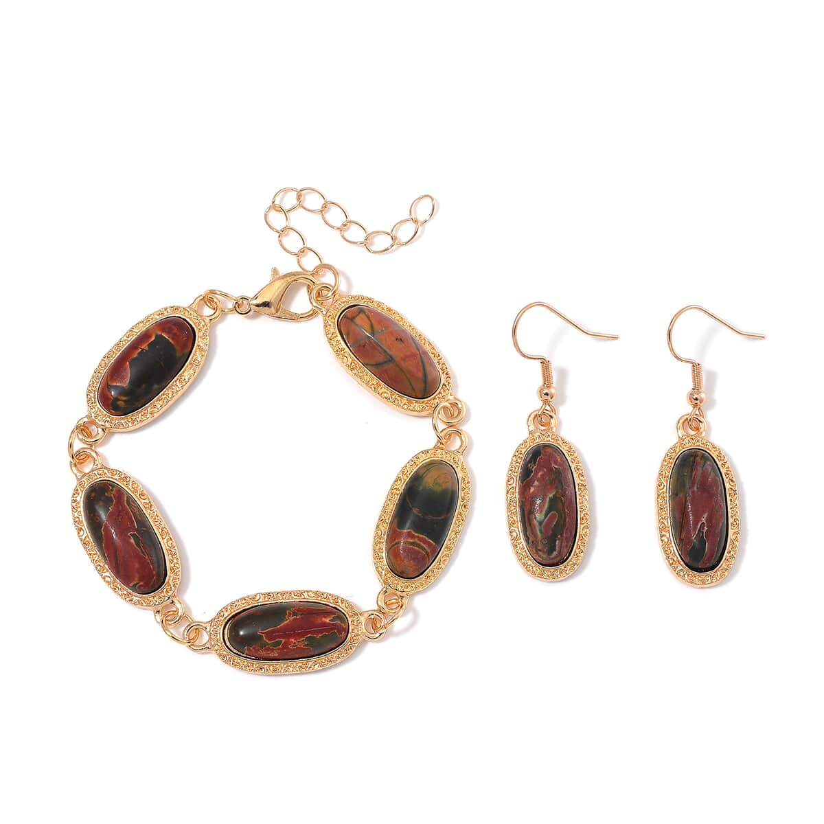 Picasso Jasper 100.00 ctw Set of Bracelet (6.5-8.5In) and Earrings in Rosetone image number 0