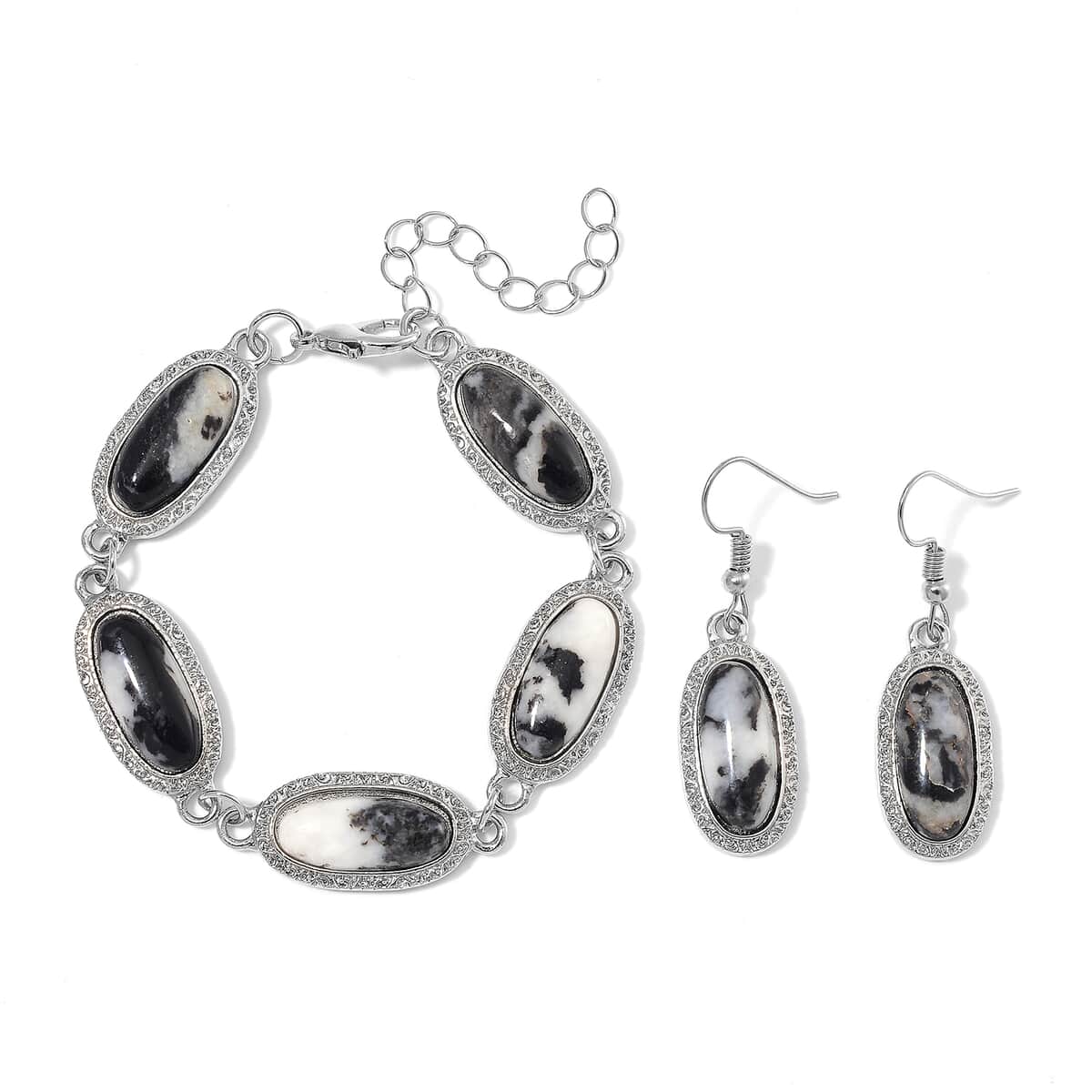 Grey Zebra Jasper 100.00 ctw Set of Bracelet (6.5-8.5In) and Earrings in Silvertone image number 0