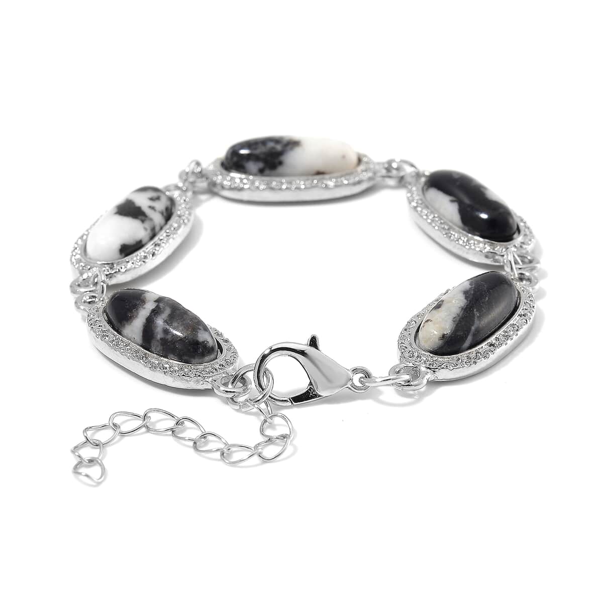 Grey Zebra Jasper 100.00 ctw Set of Bracelet (6.5-8.5In) and Earrings in Silvertone image number 3