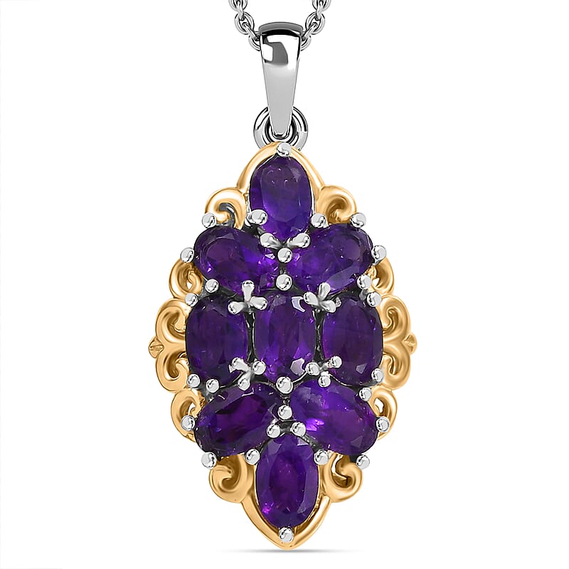 EverTrue African Amethyst 3.35 ctw Pendant in 18K YG Plated and Platinum Bond with Stainless Steel Chain 20 Inches