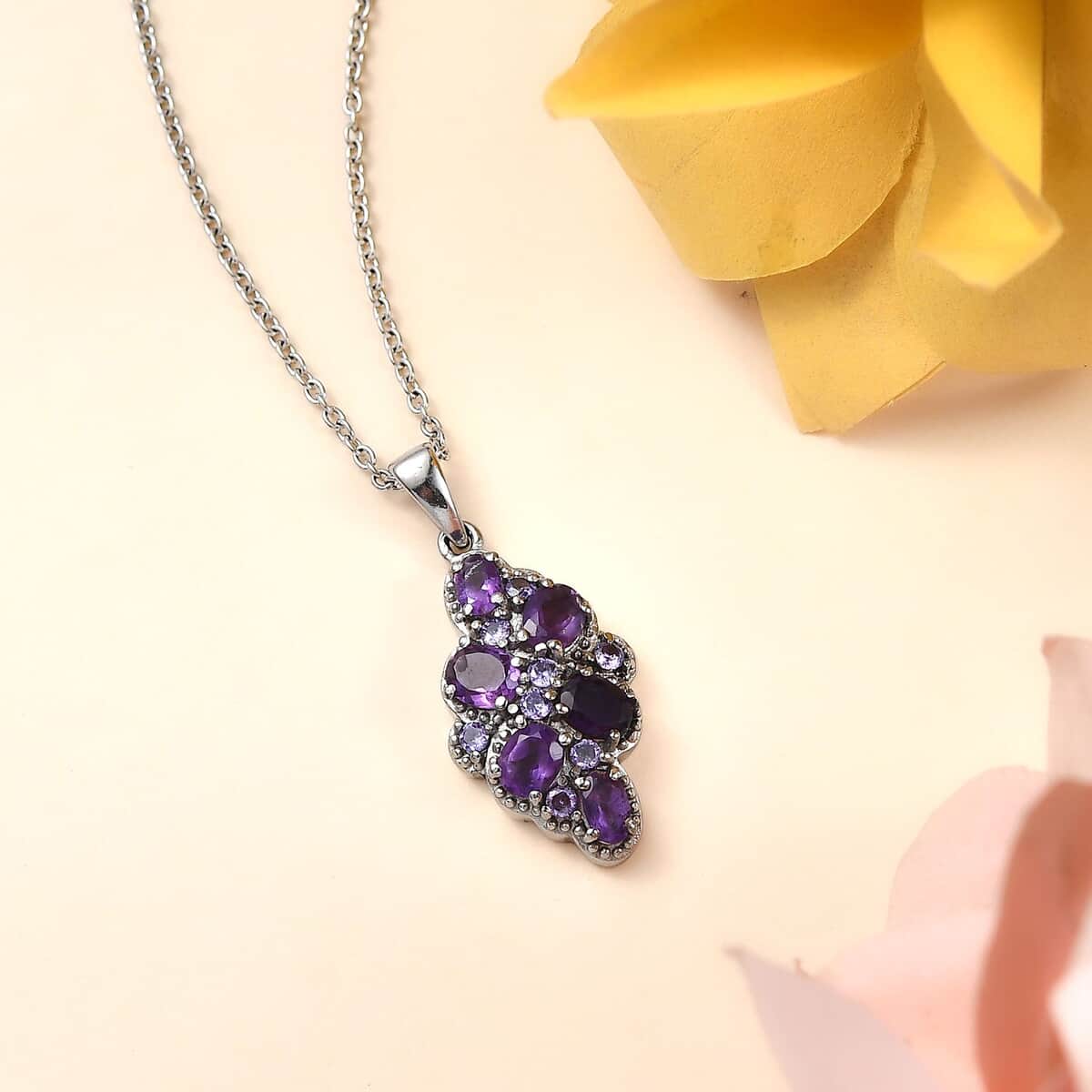 African Amethyst and Simulated Purple Diamond 2.15 ctw Pendant Necklace in Stainless Steel 20 Inches image number 1