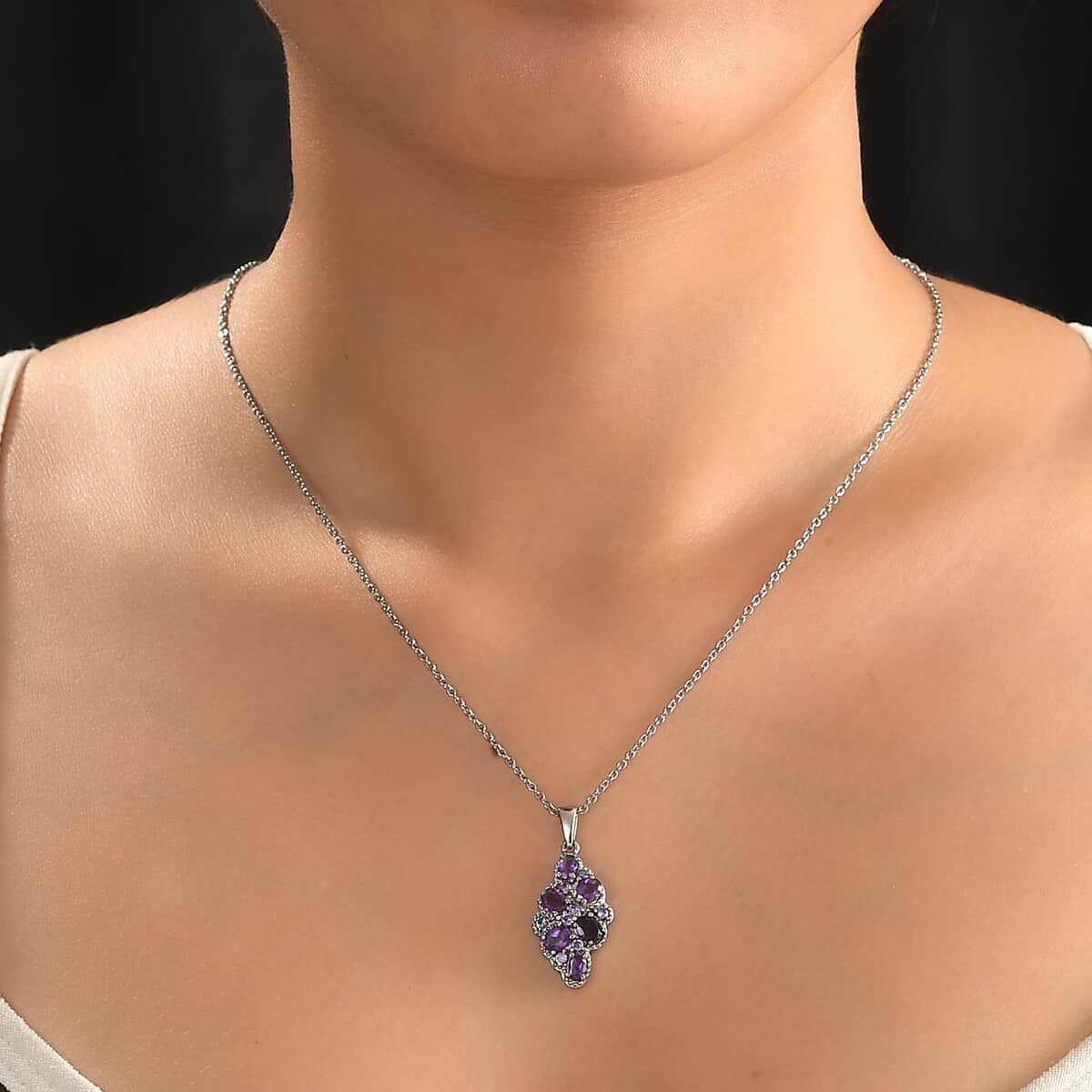 African Amethyst and Simulated Purple Diamond 2.15 ctw Pendant Necklace in Stainless Steel 20 Inches image number 2