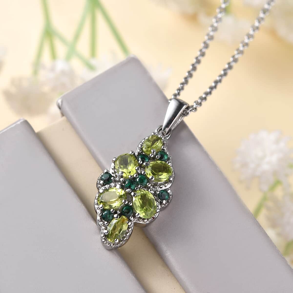 Peridot and Simulated Green Diamond 2.35 ctw Pendant Necklace in Stainless Steel 20 Inches image number 1