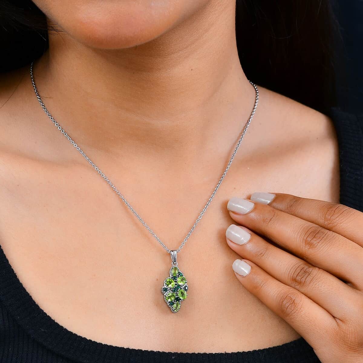 Peridot and Simulated Green Diamond 2.35 ctw Pendant Necklace in Stainless Steel 20 Inches image number 2