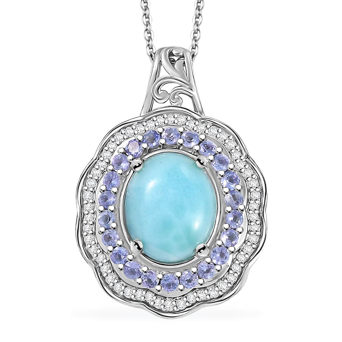 Natural Green Larimar and Multi Gemstone 7.35 ctw Ocean Bloom Pendant Necklace in Rhodium Over Sterling Silver 20 Inches image number 0