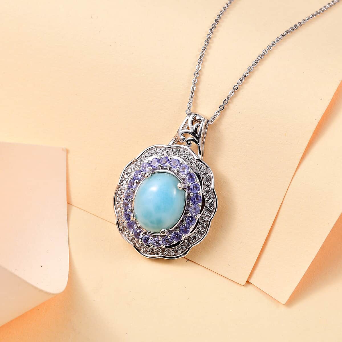 Natural Green Larimar and Multi Gemstone 7.35 ctw Ocean Bloom Pendant Necklace in Rhodium Over Sterling Silver 20 Inches image number 1