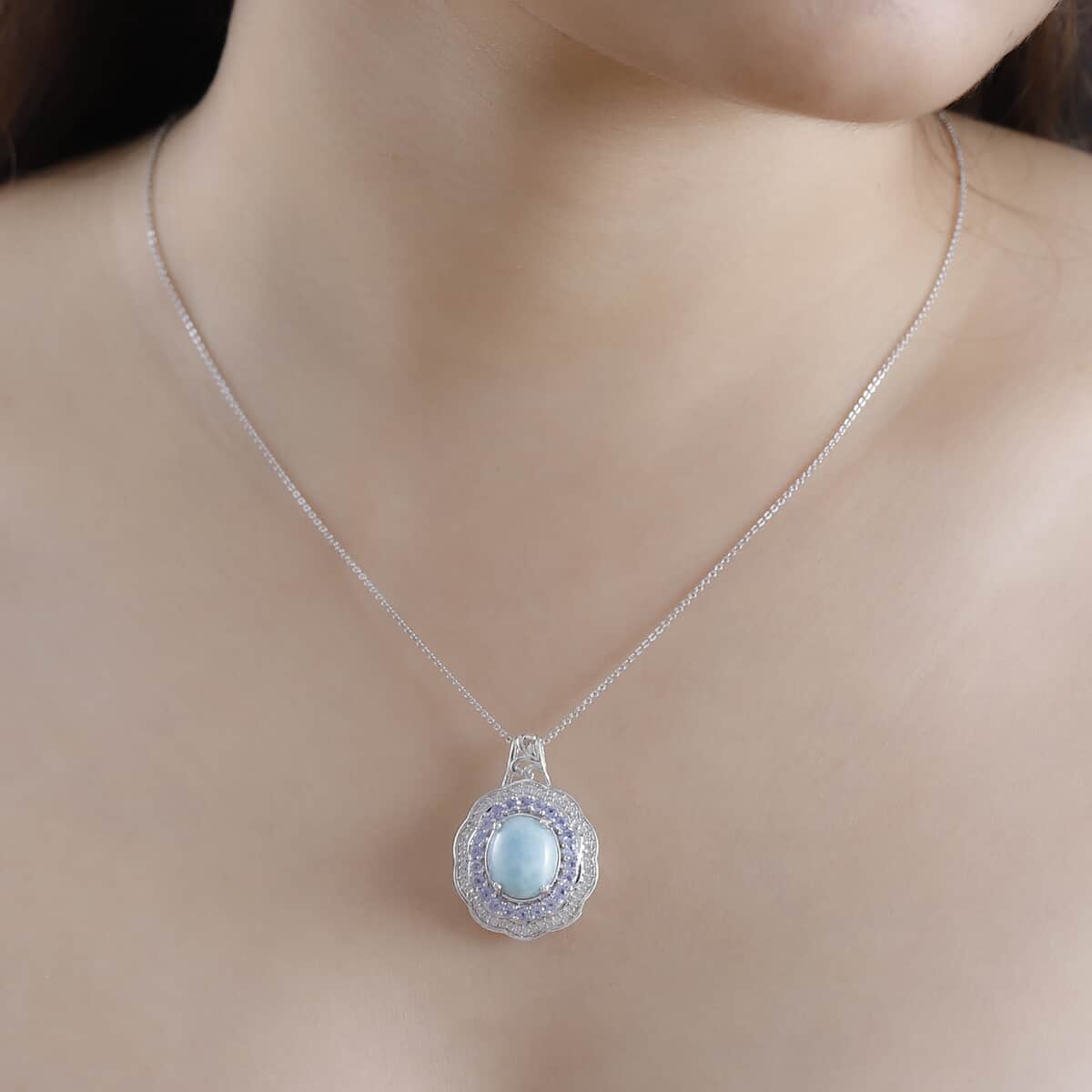 Natural Green Larimar and Multi Gemstone 7.35 ctw Ocean Bloom Pendant Necklace in Rhodium Over Sterling Silver 20 Inches image number 2