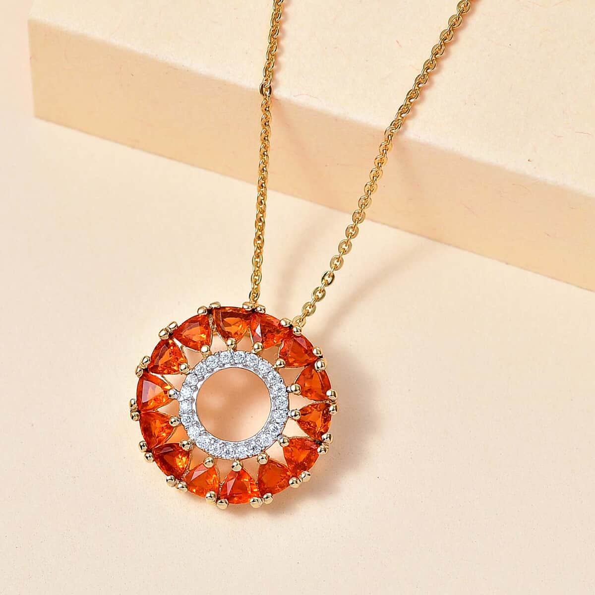 AAA Buriti Fire Opal and Moissanite 1.50 ctw Fiery Halo Pendant Necklace in 18K Vermeil Yellow Gold Over Sterling Silver 20 Inches image number 1