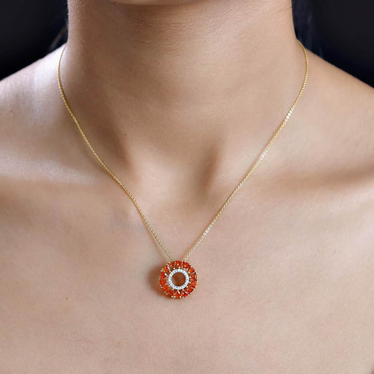 AAA Buriti Fire Opal and Moissanite 1.50 ctw Fiery Halo Pendant Necklace in 18K Vermeil Yellow Gold Over Sterling Silver 20 Inches image number 2