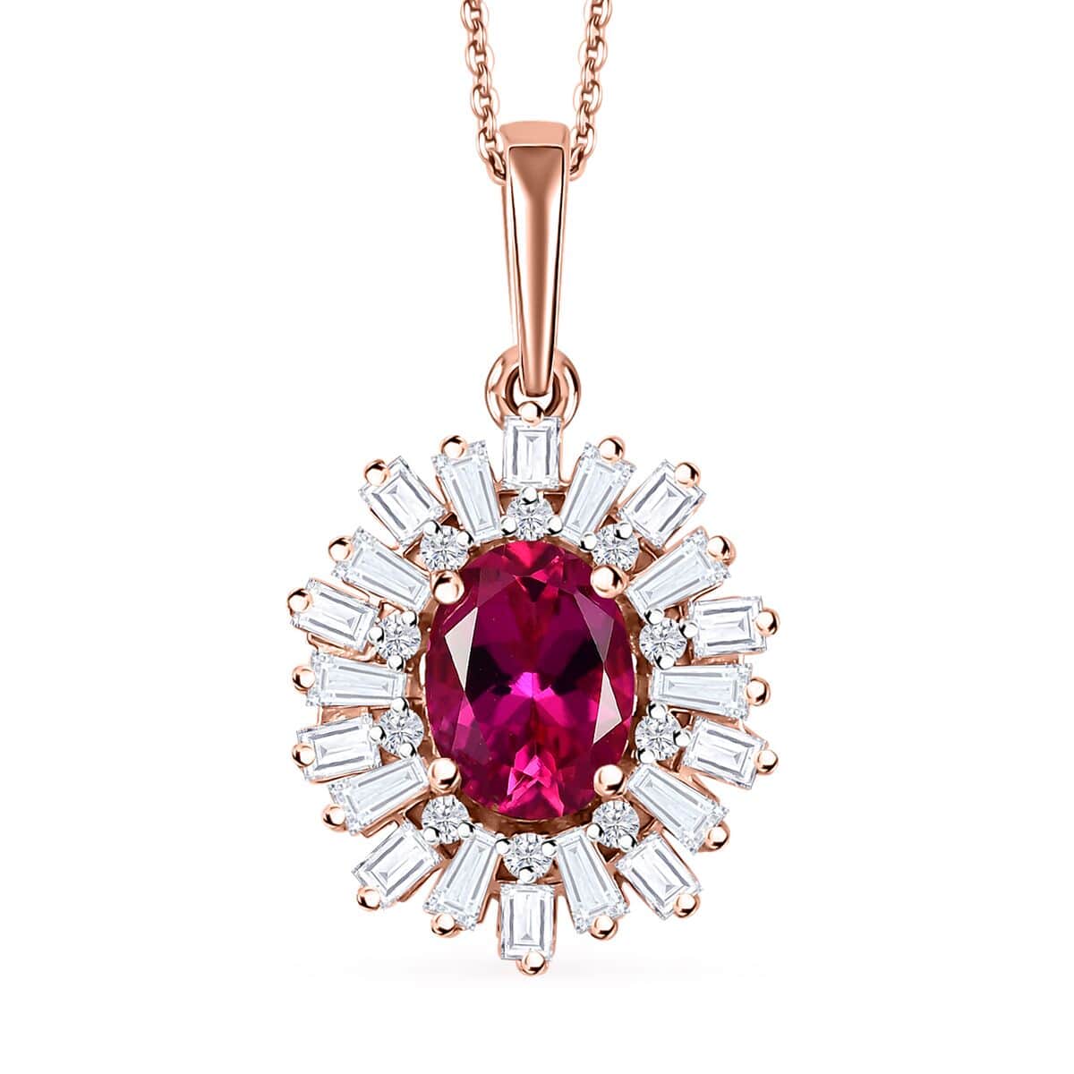 Premium Lab Created Bixbite and Moissanite 1.85 ctw Scarlet Starburst Pendant Necklace in 18K Vermeil Rose Gold Over Sterling Silver 20 Inches image number 0