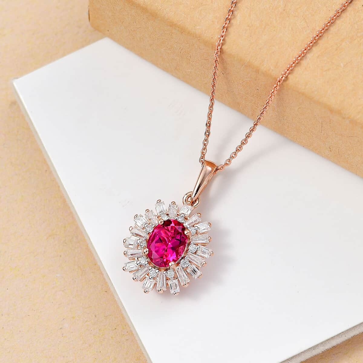 Premium Lab Created Bixbite and Moissanite 1.85 ctw Scarlet Starburst Pendant Necklace in 18K Vermeil Rose Gold Over Sterling Silver 20 Inches image number 1