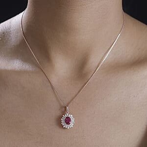 Premium Lab Created Bixbite and Moissanite 1.85 ctw Scarlet Starburst Pendant Necklace in 18K Vermeil Rose Gold Over Sterling Silver 20 Inches