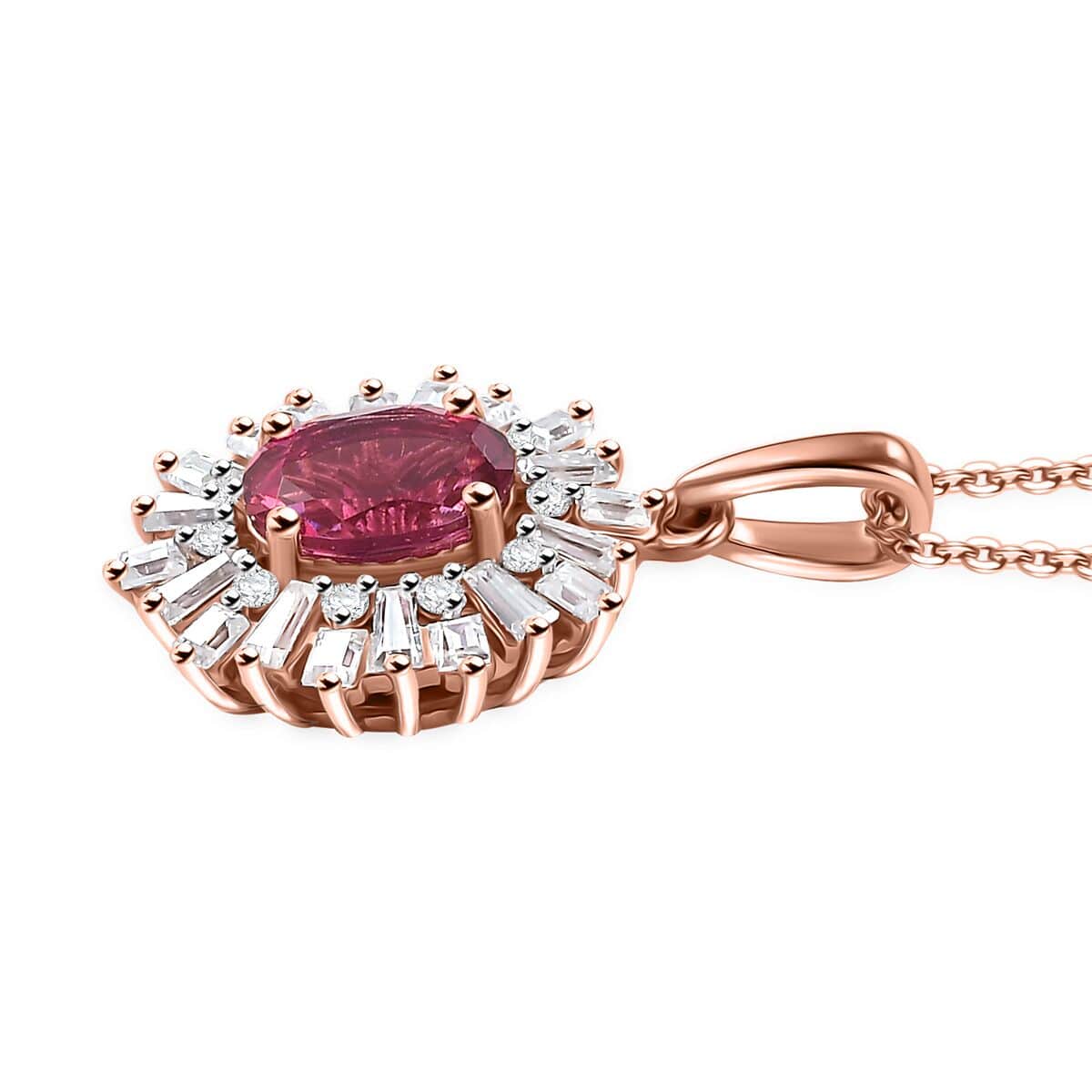 Premium Lab Created Bixbite and Moissanite 1.85 ctw Scarlet Starburst Pendant Necklace in 18K Vermeil Rose Gold Over Sterling Silver 20 Inches image number 3